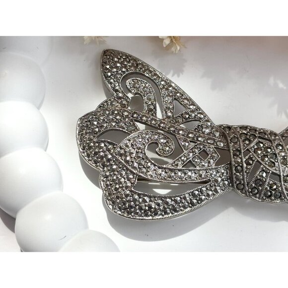 Silver Toned Marcasite Accented XL Ribboned Bow Vintage Brooch Pin - Picture 3 of 10